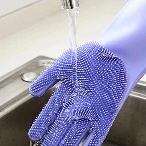 2 Pair (4PCS) Magic Dish washing Gloves with scrubber, Silicone Cleaning Reusable Scrub Gloves for Wash Dish