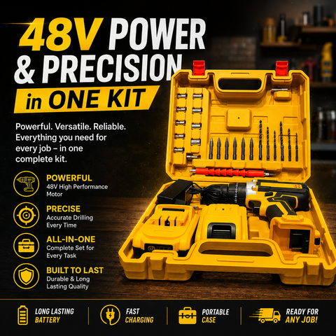 |FREE DELIVERY| 48V Cordless Drill Machine Kit – Dual Battery, Fast Charger & Drill Bit Set | Open Parcel Before Payment