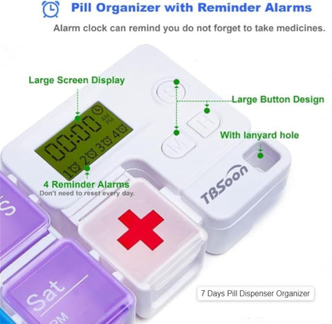 Alarm Pill Box-7 Days Pill Dispenser Organizer with Reminder Alarm
