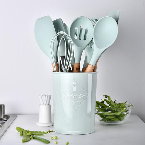 (free home deliver) 12 Pcs Silicone & Heat Resistant Spoons Set with Long Wooden Handle Kitchen Utensils Set