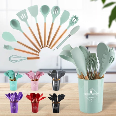 (free home deliver) 12 Pcs Silicone & Heat Resistant Spoons Set with Long Wooden Handle Kitchen Utensils Set