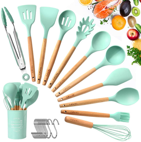 (free home deliver) 12 Pcs Silicone & Heat Resistant Spoons Set with Long Wooden Handle Kitchen Utensils Set