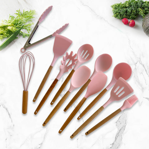 (free home deliver) 12 Pcs Silicone & Heat Resistant Spoons Set with Long Wooden Handle Kitchen Utensils Set