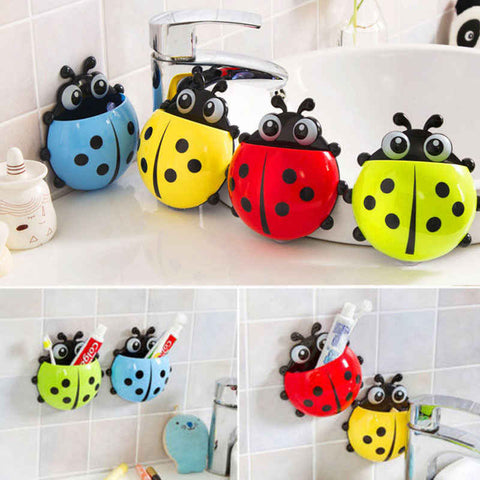 (pack of 3) Ladybug Wall Toothbrush Holder Storage Toiletries Toothpaste Holders Tooth Brush Container Sticker to Stick ( Random Color)