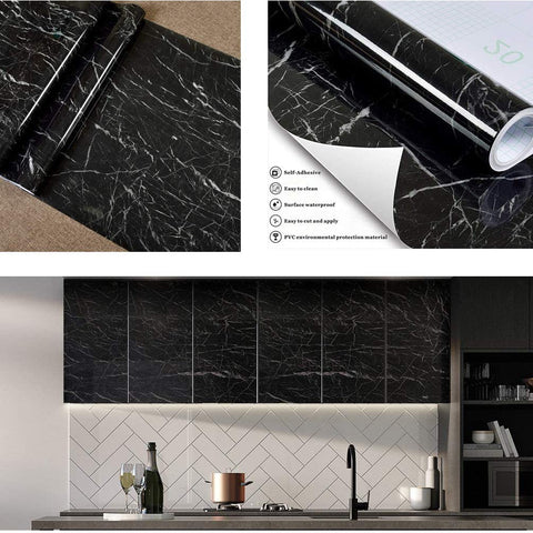 (Pack of 5) Self Adhesive Black  Marble Sheet for Kitchen / Waterproof Anti Oil & Heat Resistant Wallpaper Sheet (2 Feet x 6.5 feet)