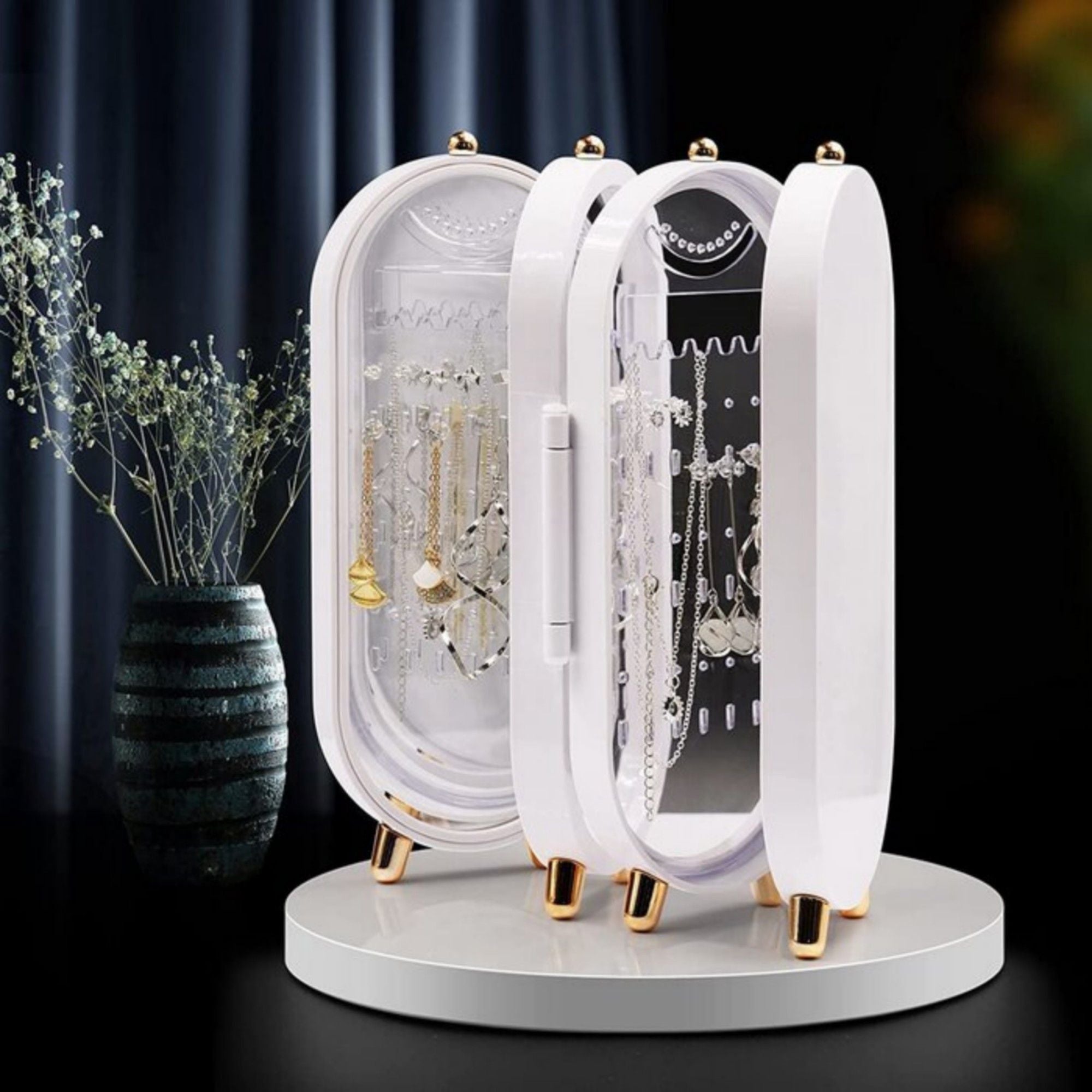 Foldable Jewelry Organizer With Mirror Ear Rings & Necklace_ Hanging Holder Jewelry Box Vanity Hanger Stand