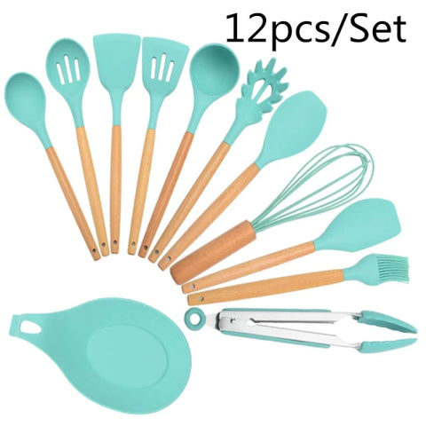 (free home deliver) 12 Pcs Silicone & Heat Resistant Spoons Set with Long Wooden Handle Kitchen Utensils Set